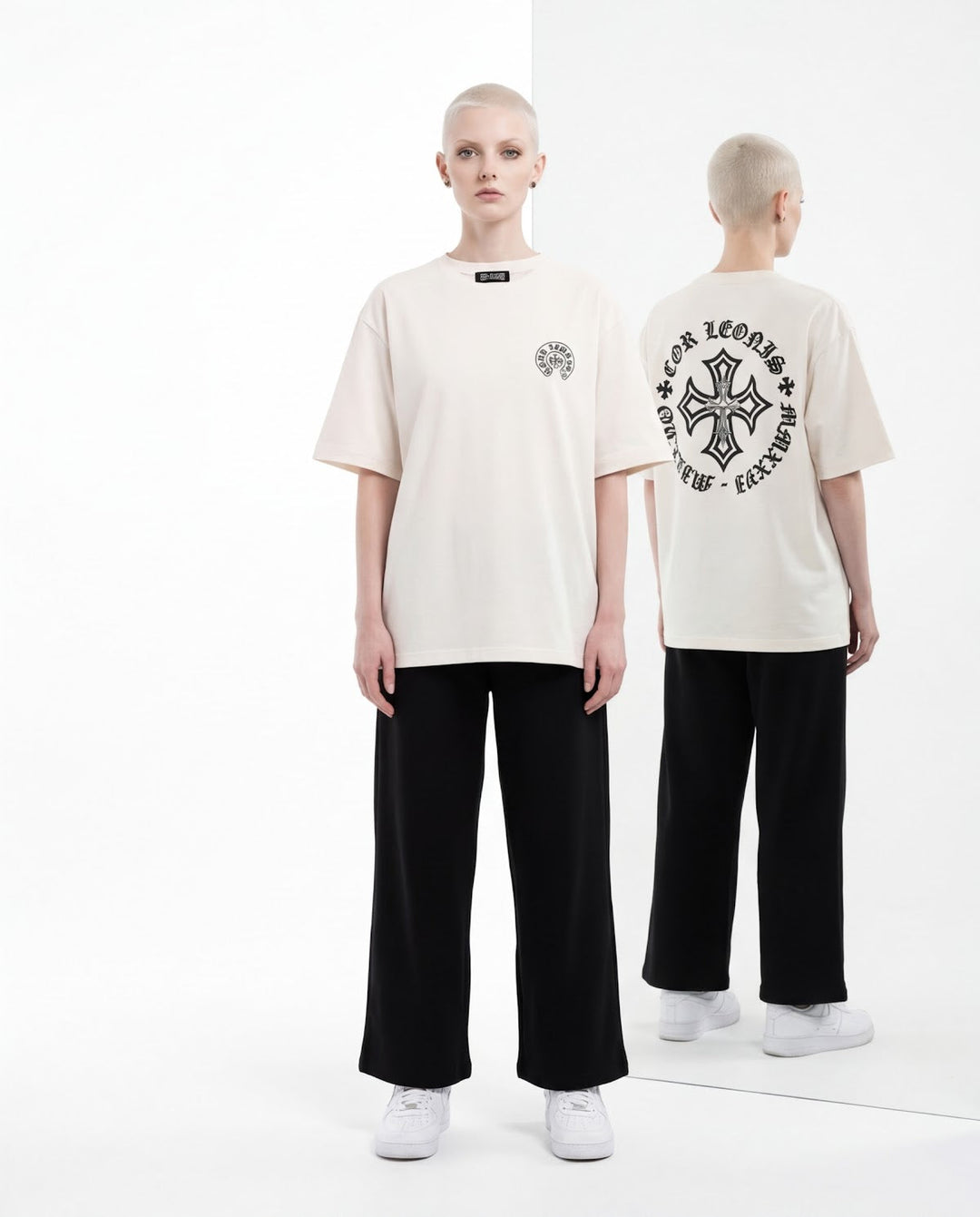 Outlaw Circle Back Tee - White - Front Full Body — Cor Leonis SS26