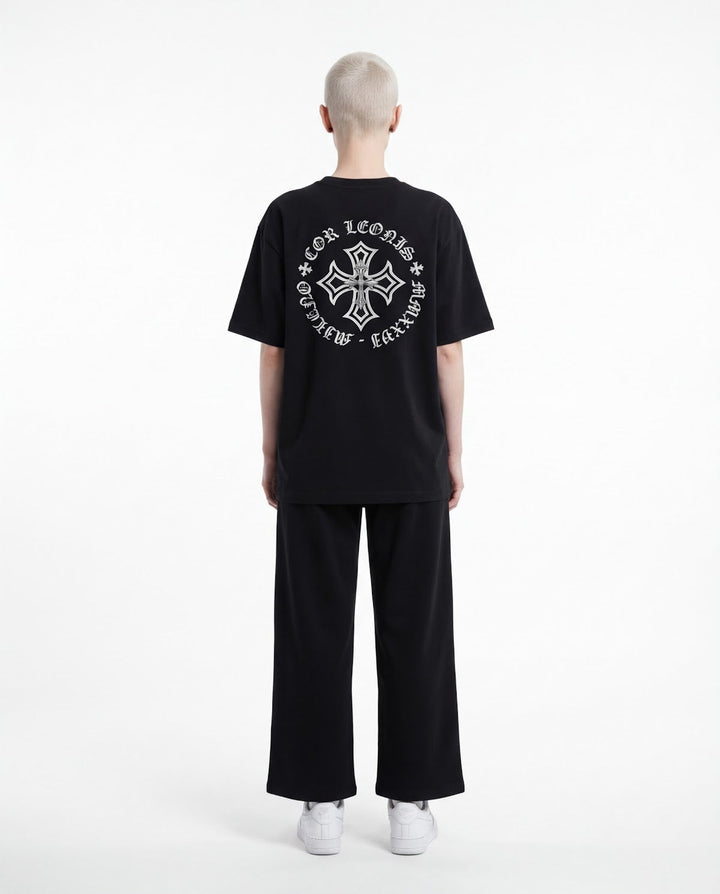 Outlaw Circle Back Tee - Black - Back Full Body — Cor Leonis SS26