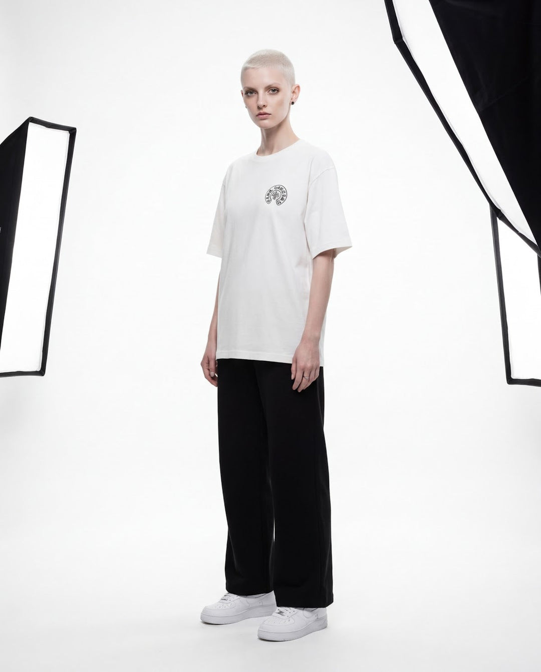 Outlaw Circle Back Tee - White - Three-Quarter — Cor Leonis SS26