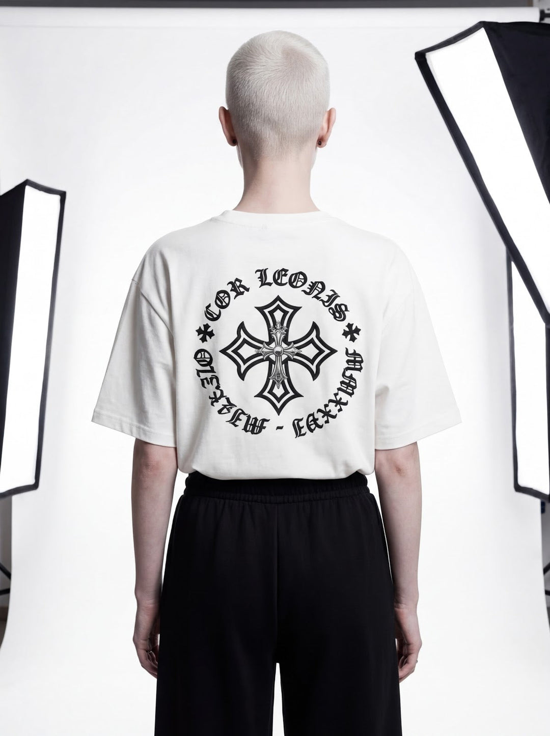 Outlaw Circle Back Tee - White - Half Back — Cor Leonis SS26