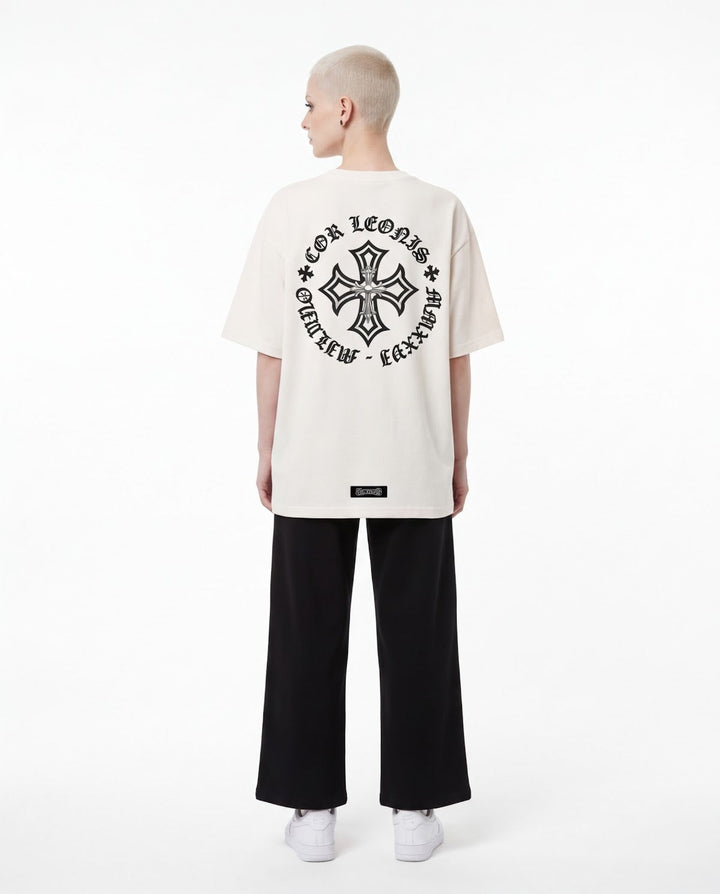 Outlaw Circle Back Tee - White - Back Full Body — Cor Leonis SS26