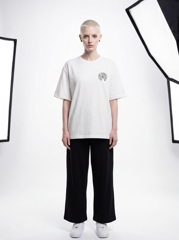 Outlaw Circle Back Tee - White - Half Front — Cor Leonis SS26