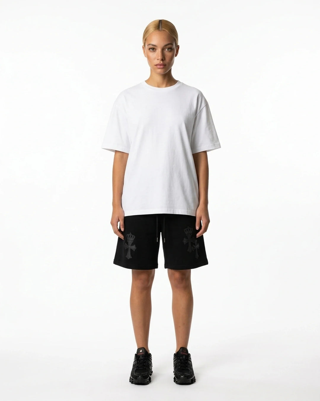 Cross Short Black Front View — Cor Leonis Gothic Streetwear SS26