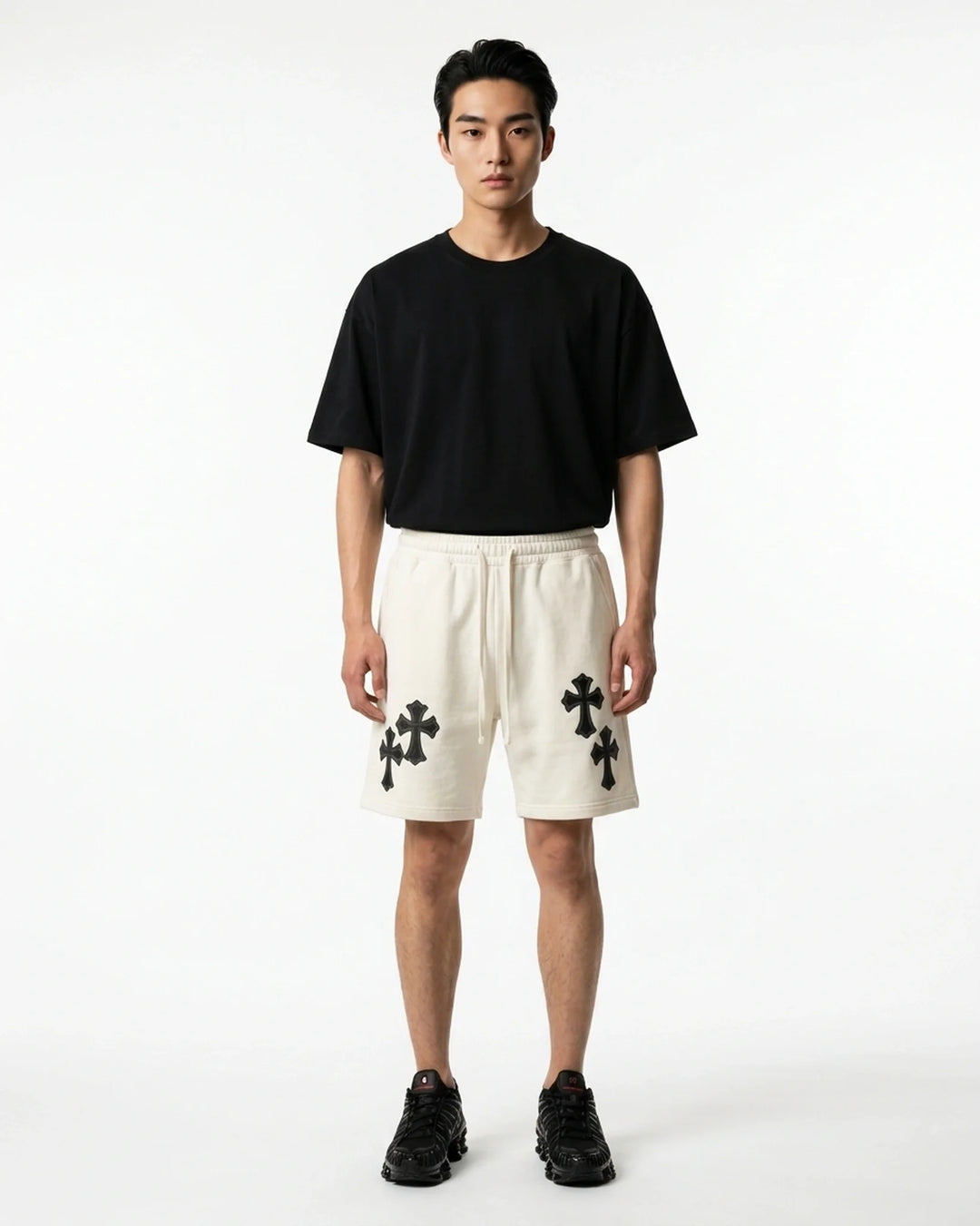 Cross Short White Front View — Cor Leonis Gothic Streetwear SS26