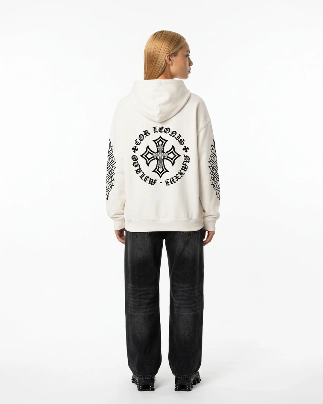 Dynasty Hoodie White Back View — Cor Leonis Gothic Streetwear SS26