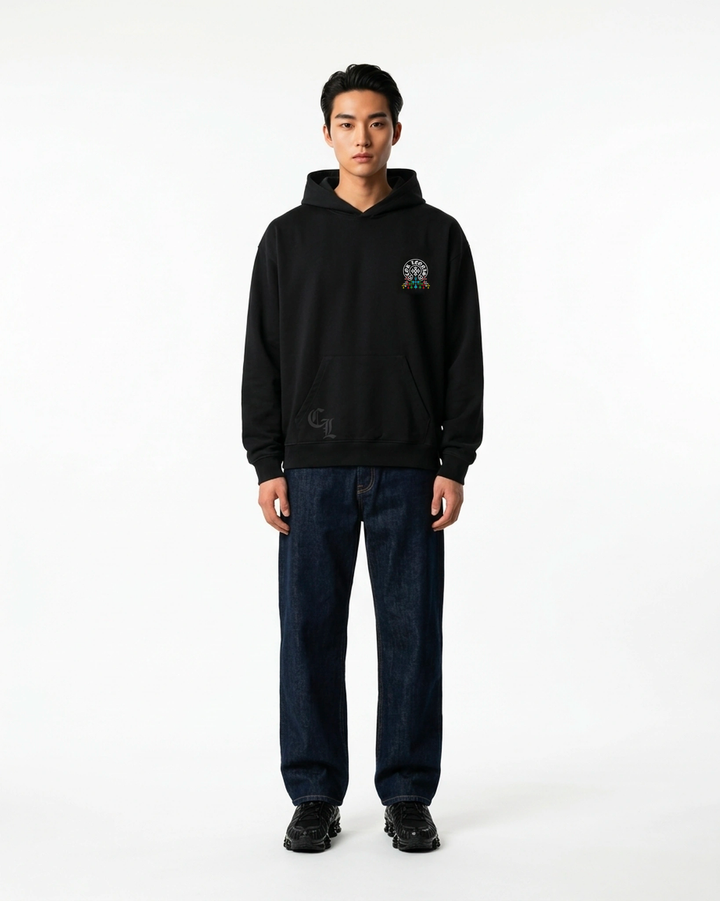 Multi-Cross Hoodie Black Front View — Cor Leonis Gothic Streetwear SS26