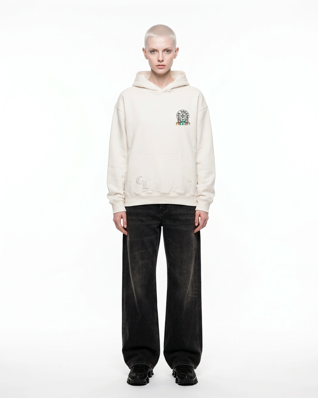 Multi-Cross Hoodie White Front View — Cor Leonis Gothic Streetwear SS26