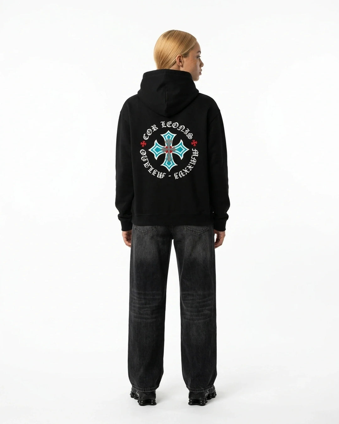 Triple Cross Hoodie Black Back View — Cor Leonis Gothic Streetwear SS26