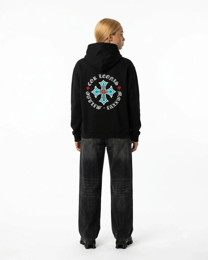Triple Cross Hoodie Black Back View — Cor Leonis Gothic Streetwear SS26