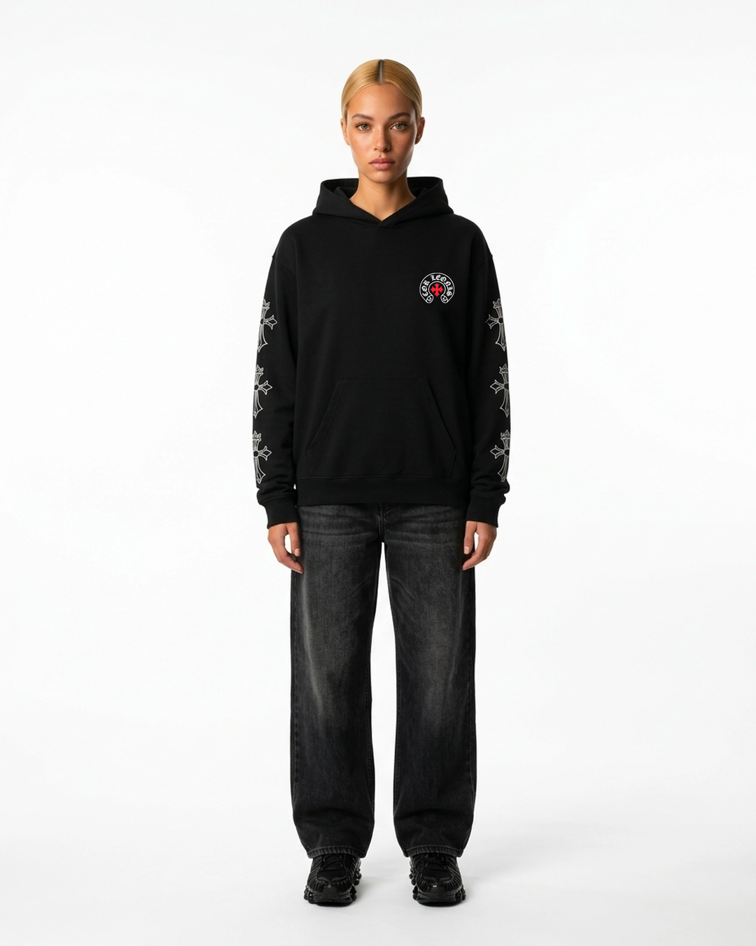 Triple Cross Hoodie Black Front View — Cor Leonis Gothic Streetwear SS26