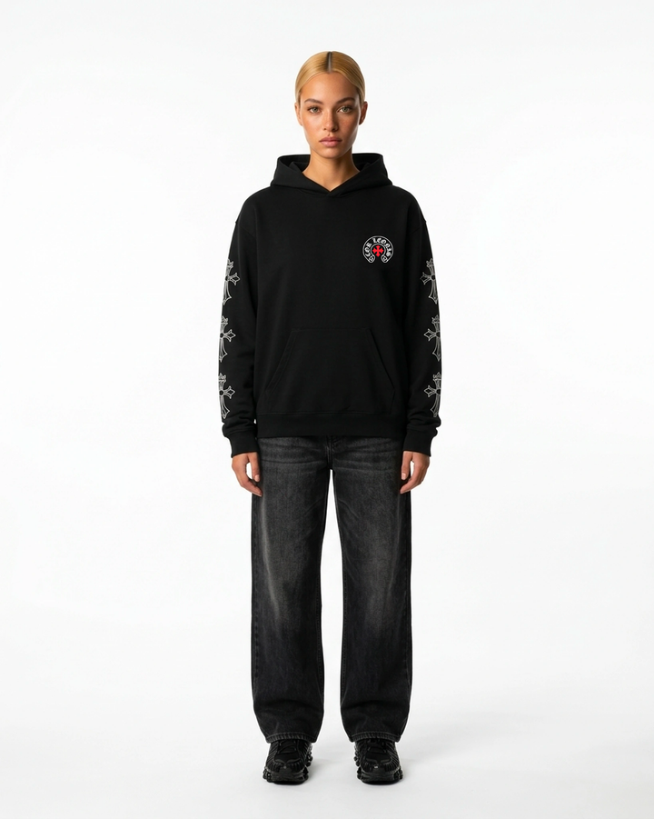 Triple Cross Hoodie Black Front View — Cor Leonis Gothic Streetwear SS26