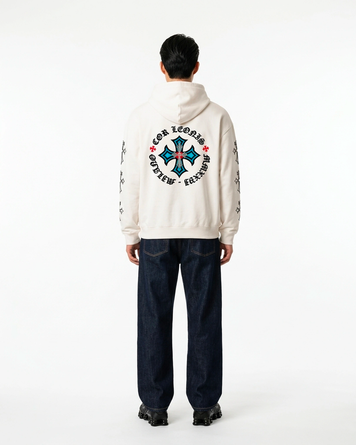 Triple Cross Hoodie White Back View — Cor Leonis Gothic Streetwear SS26