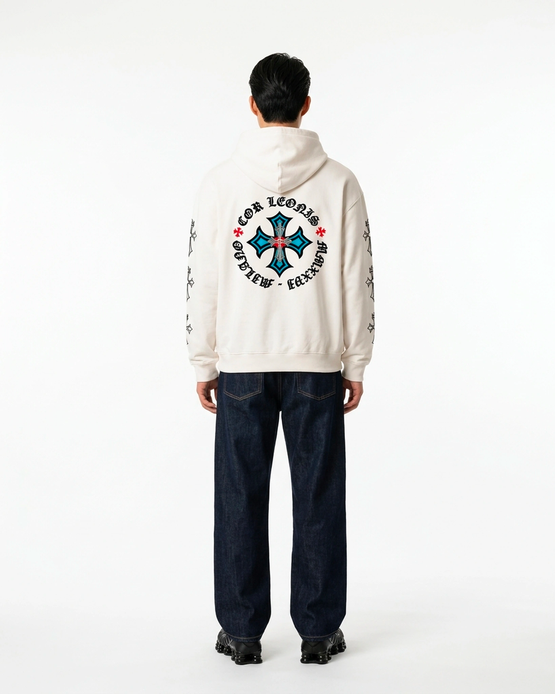 Triple Cross Hoodie White Back View — Cor Leonis Gothic Streetwear SS26