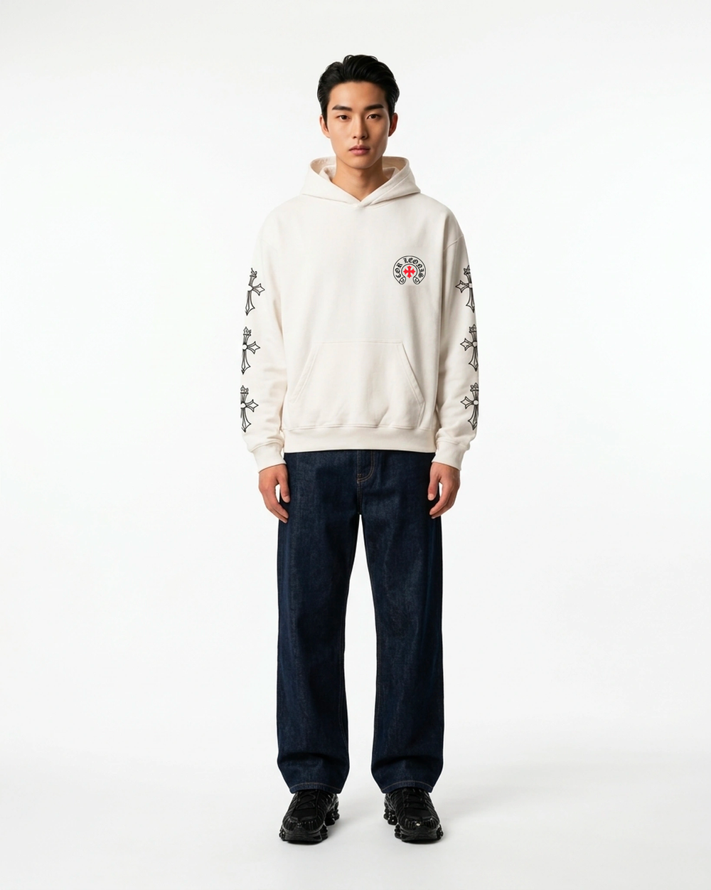 Triple Cross Hoodie White Front View — Cor Leonis Gothic Streetwear SS26