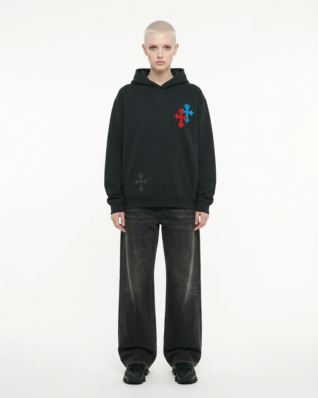 Crest Hoodie Black Front View — Cor Leonis Gothic Streetwear SS26