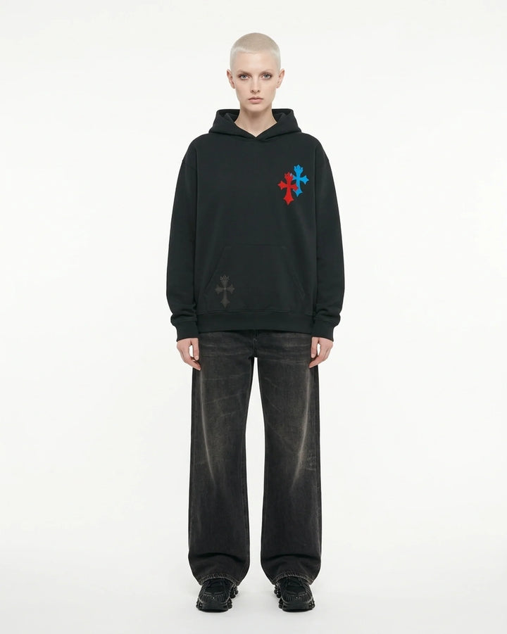 Crest Hoodie Black Front View — Cor Leonis Gothic Streetwear SS26