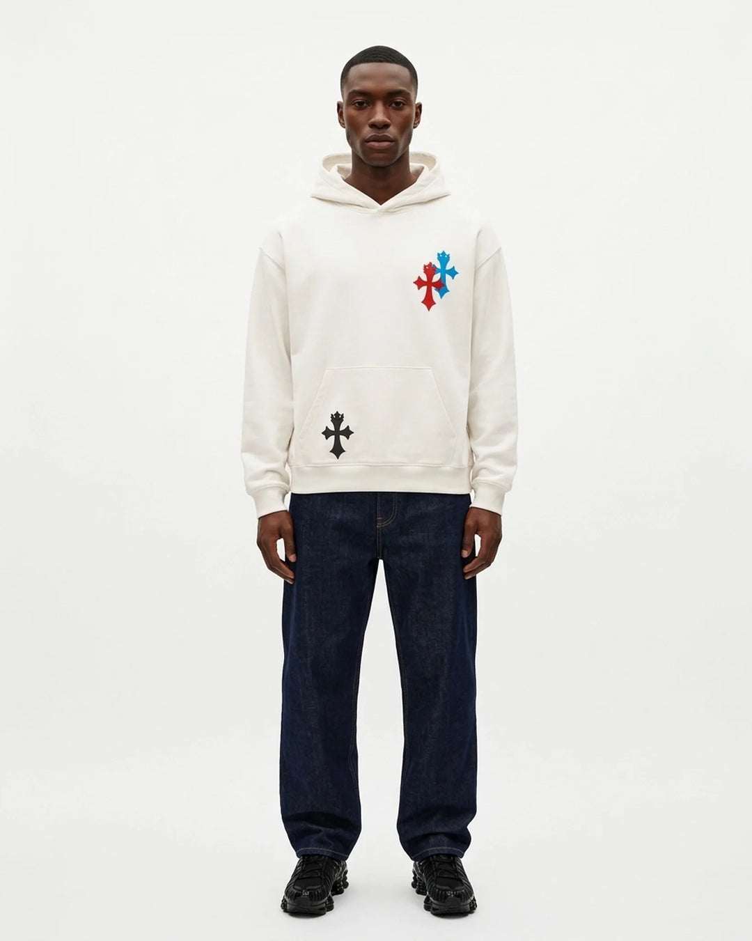 Crest Hoodie White Front View — Cor Leonis Gothic Streetwear SS26