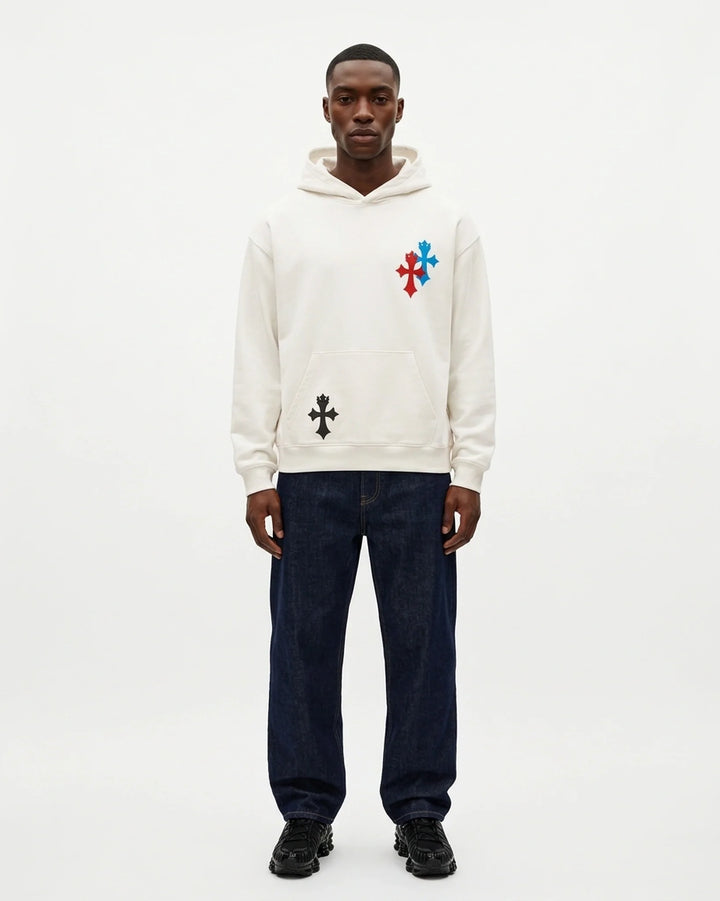 Crest Hoodie White Front View — Cor Leonis Gothic Streetwear SS26