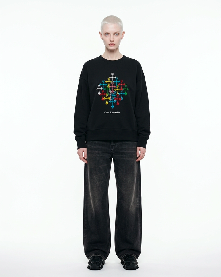 Insignia Crewneck Black Front View — Cor Leonis Gothic Streetwear SS26