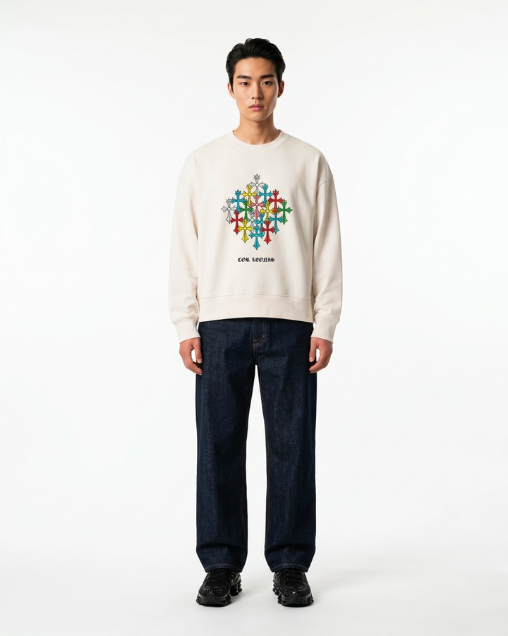 Insignia Crewneck White Front View — Cor Leonis Gothic Streetwear SS26