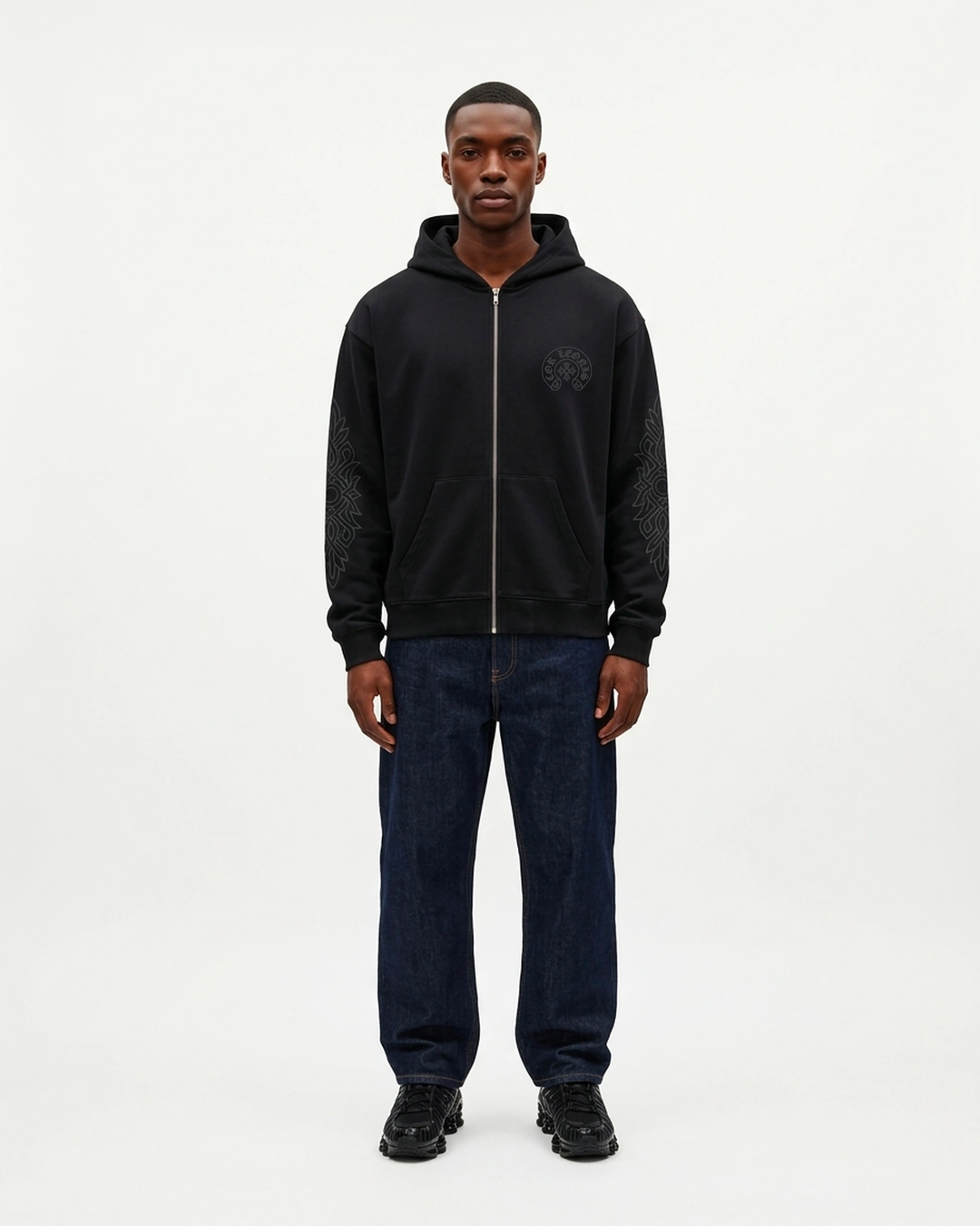 Catacomb Zip Hoodie Black Front View — Cor Leonis Gothic Streetwear SS26