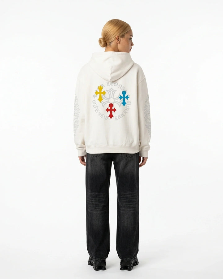 Catacomb Zip Hoodie White Back View — Cor Leonis Gothic Streetwear SS26