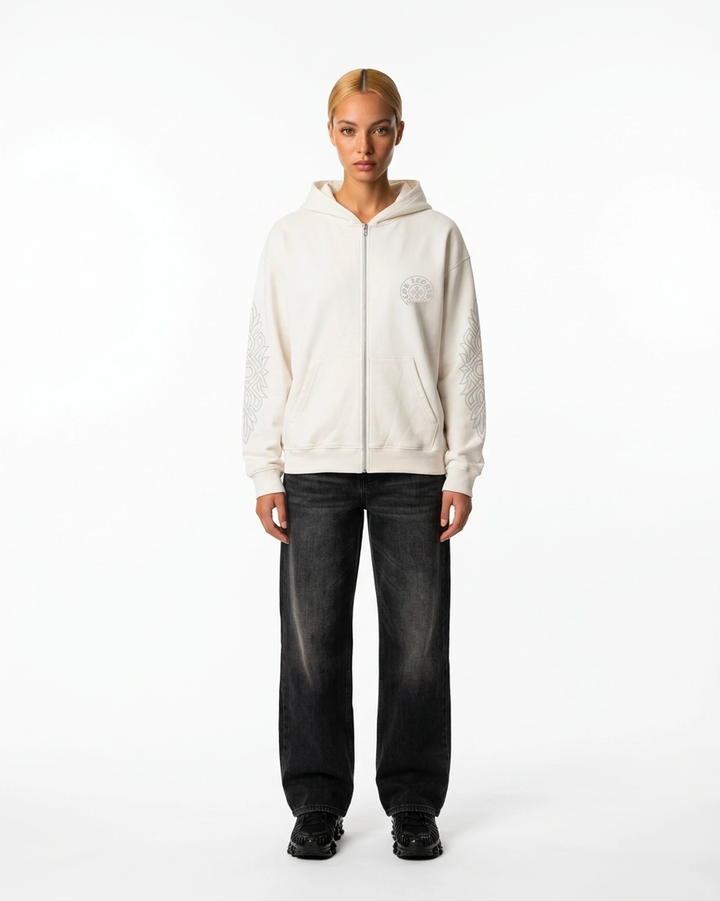 Catacomb Zip Hoodie White Front View — Cor Leonis Gothic Streetwear SS26
