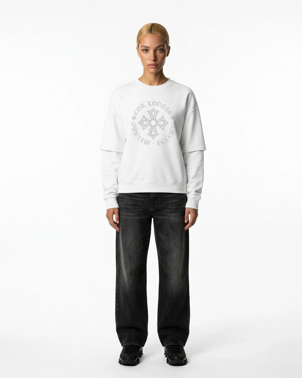 Double Layer Tee White Front View — Cor Leonis Gothic Streetwear SS26