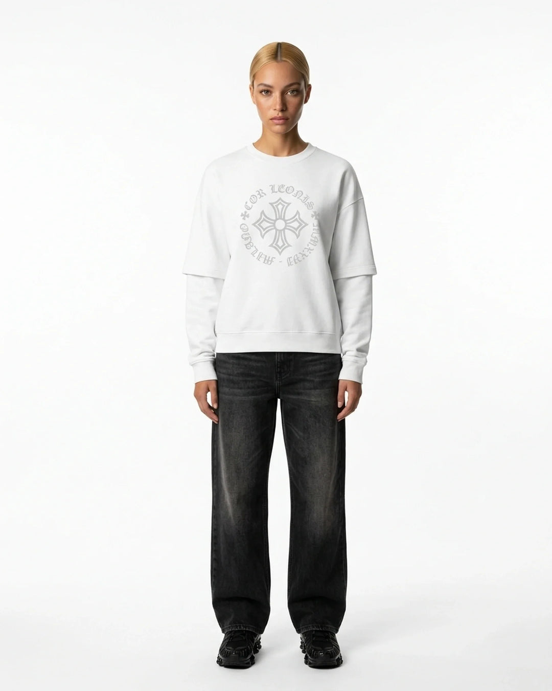 Double Layer Tee White Front View — Cor Leonis Gothic Streetwear SS26