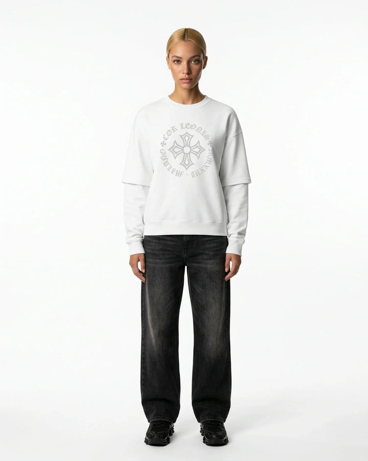 Double Layer Tee White Front View — Cor Leonis Gothic Streetwear SS26