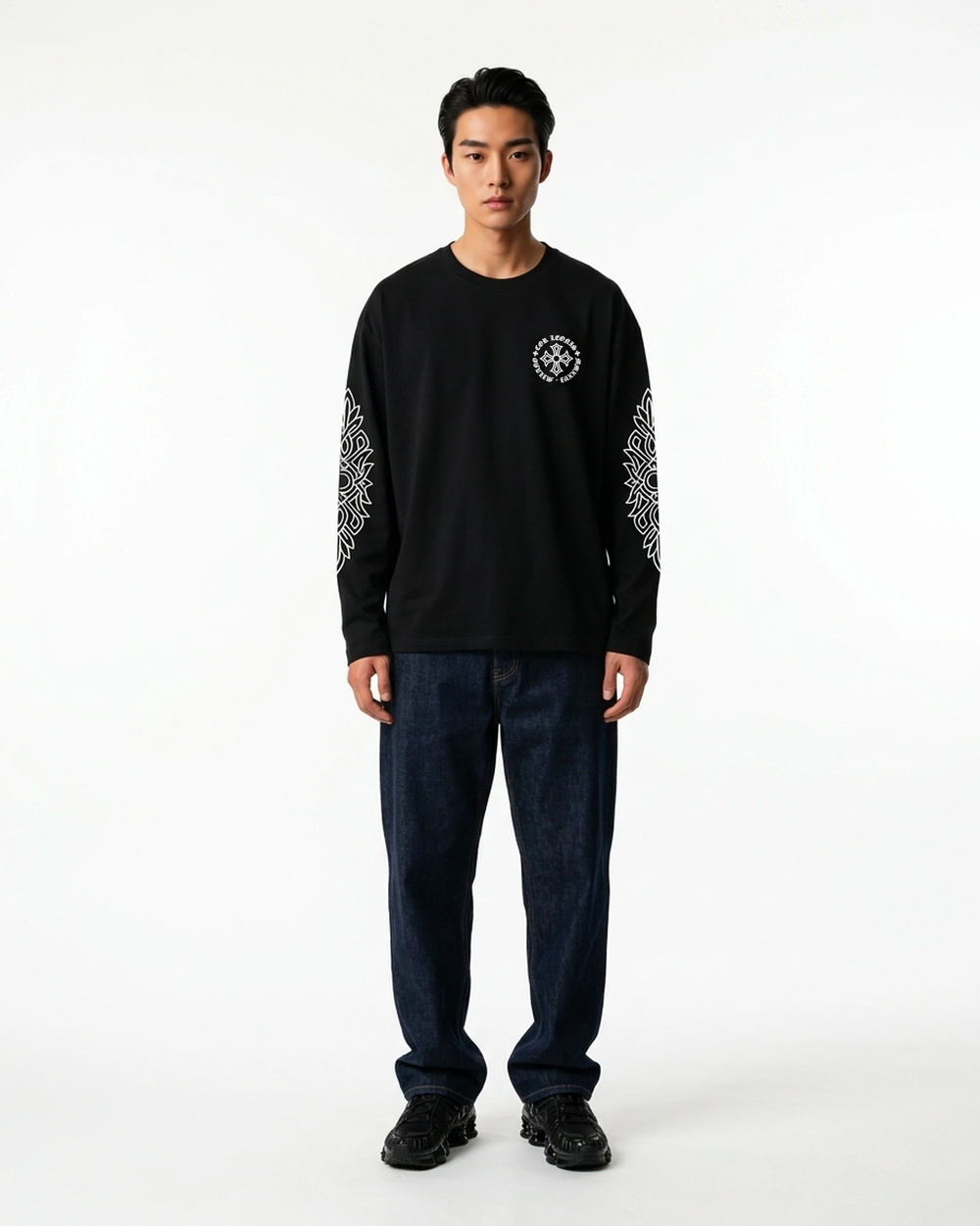 Long Sleeve Cross Tee Black Front View — Cor Leonis Gothic Streetwear SS26