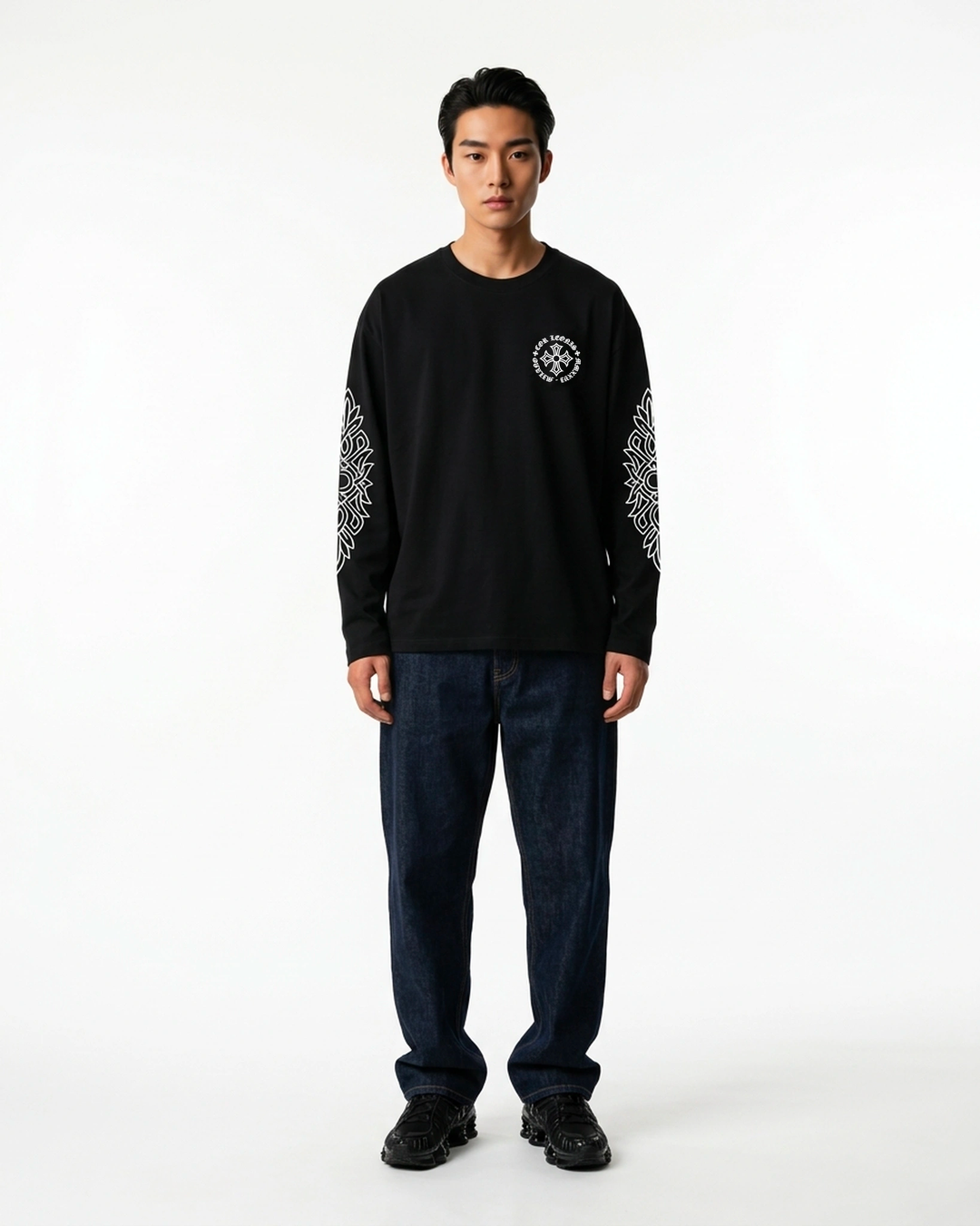 Long Sleeve Cross Tee Black Front View — Cor Leonis Gothic Streetwear SS26