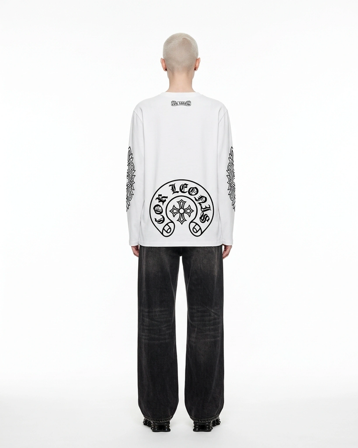 Long Sleeve Cross Tee White Back View — Cor Leonis Gothic Streetwear SS26