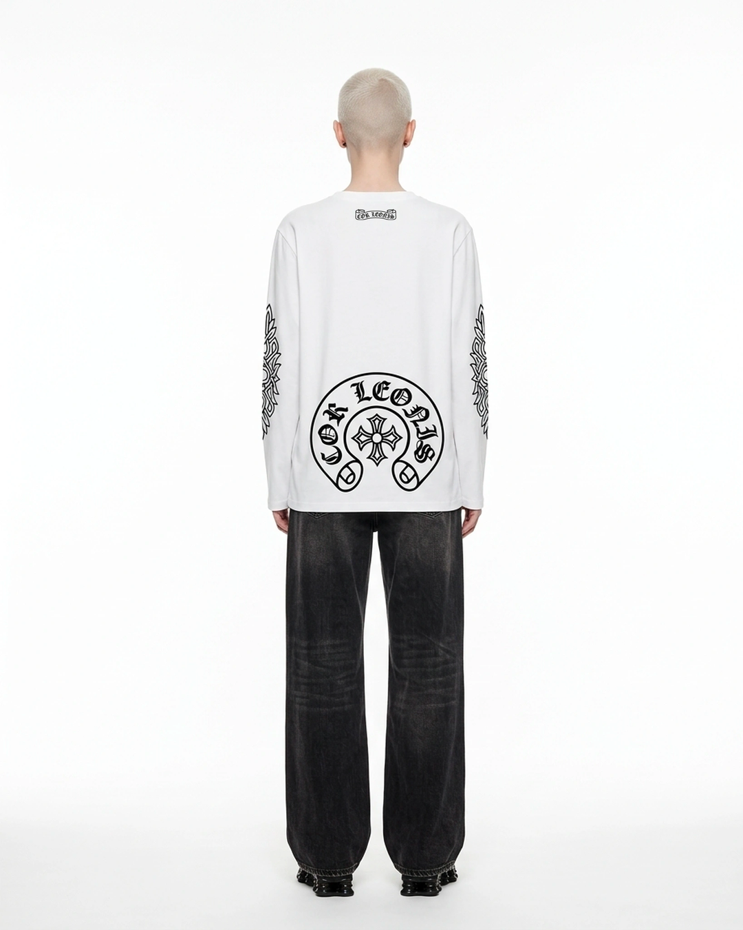 Long Sleeve Cross Tee White Back View — Cor Leonis Gothic Streetwear SS26