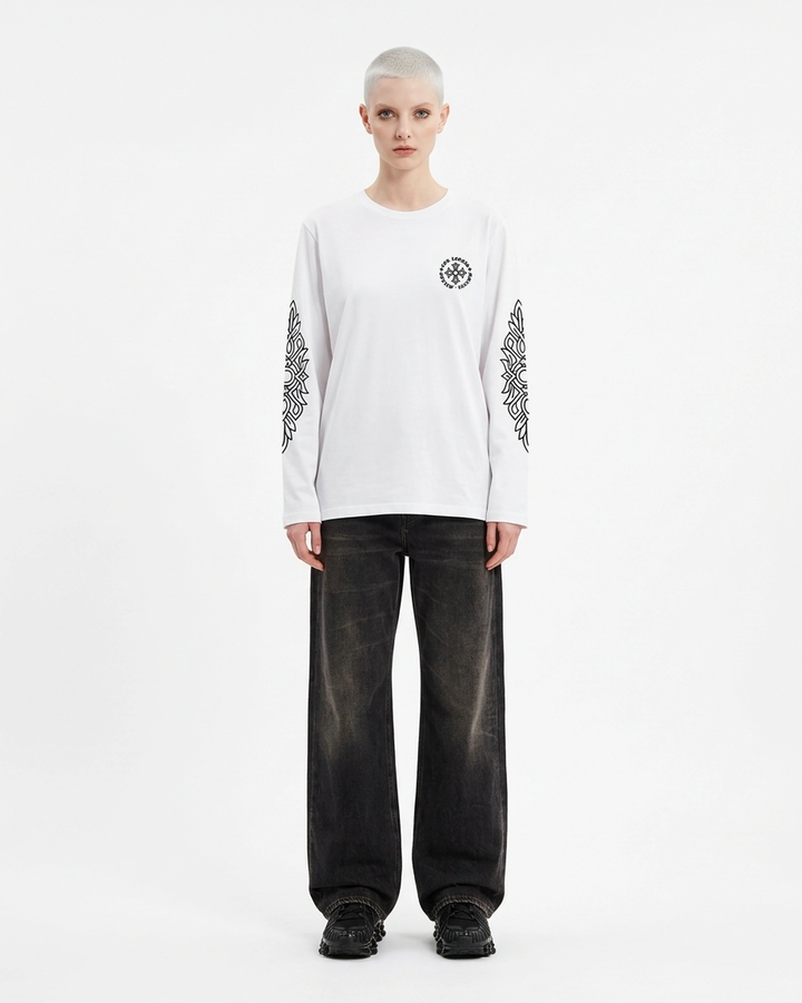 Long Sleeve Cross Tee White Front View — Cor Leonis Gothic Streetwear SS26