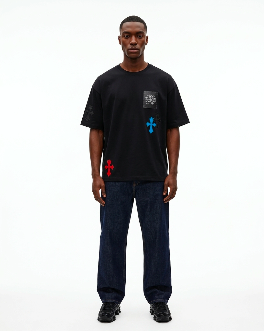 Pocket Cross Tee Black Front View — Cor Leonis Gothic Streetwear SS26