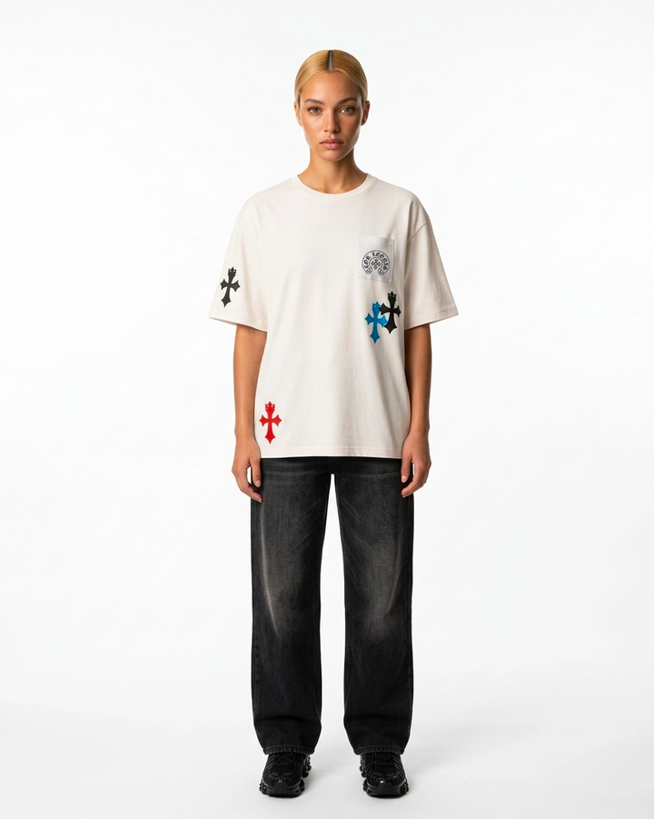 Pocket Cross Tee White Front View — Cor Leonis Gothic Streetwear SS26