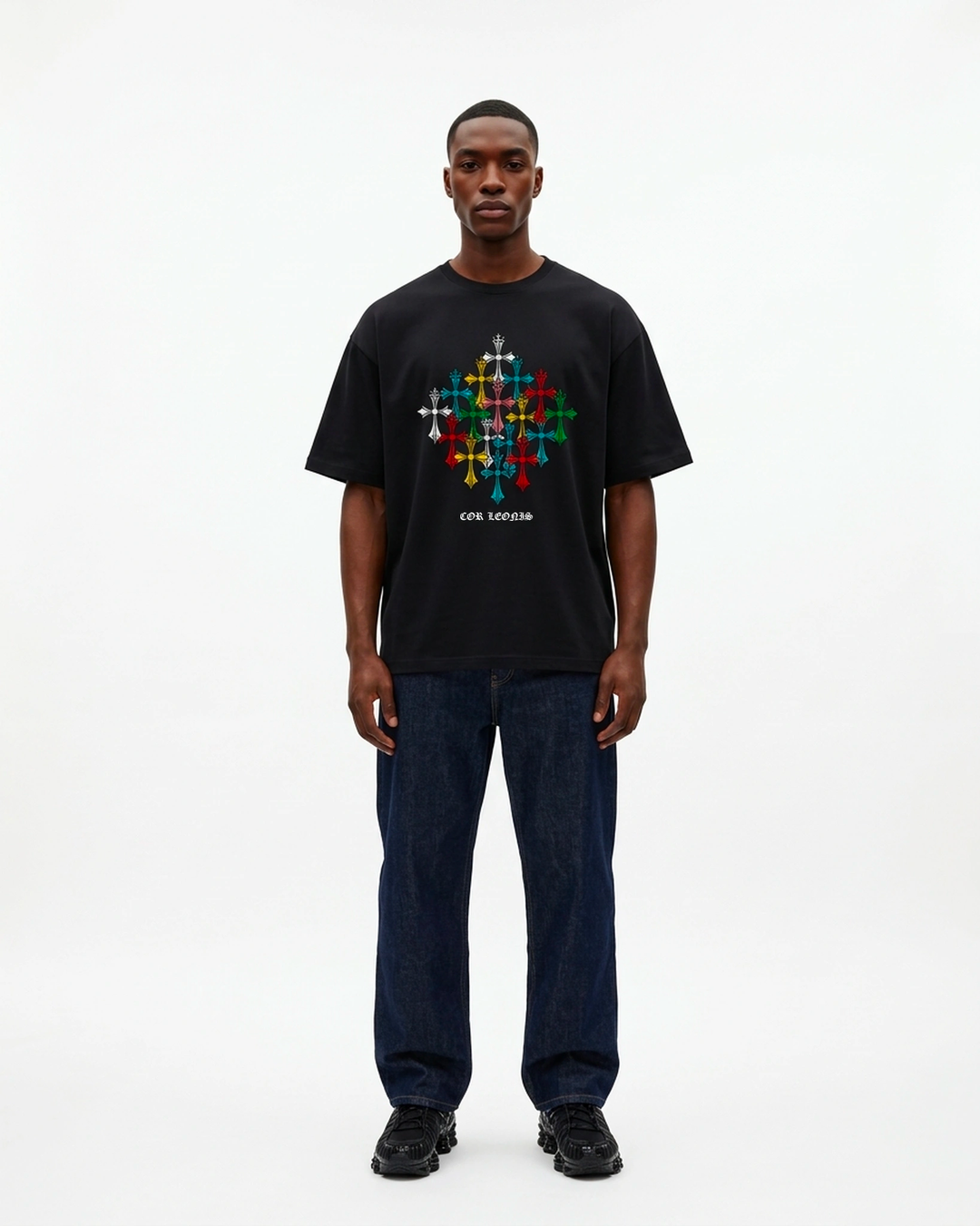 Multi-Cross Oversized Tee Black Front View — Cor Leonis Gothic Streetwear SS26