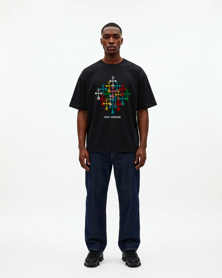 Multi-Cross Oversized Tee Black Front View — Cor Leonis Gothic Streetwear SS26