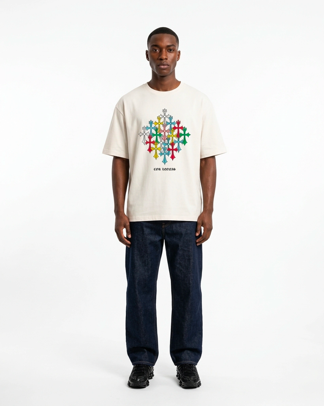 Multi-Cross Oversized Tee White Front View — Cor Leonis Gothic Streetwear SS26