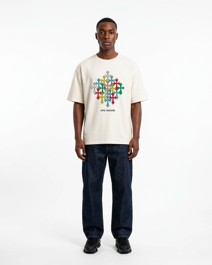 Multi-Cross Oversized Tee White Front View — Cor Leonis Gothic Streetwear SS26