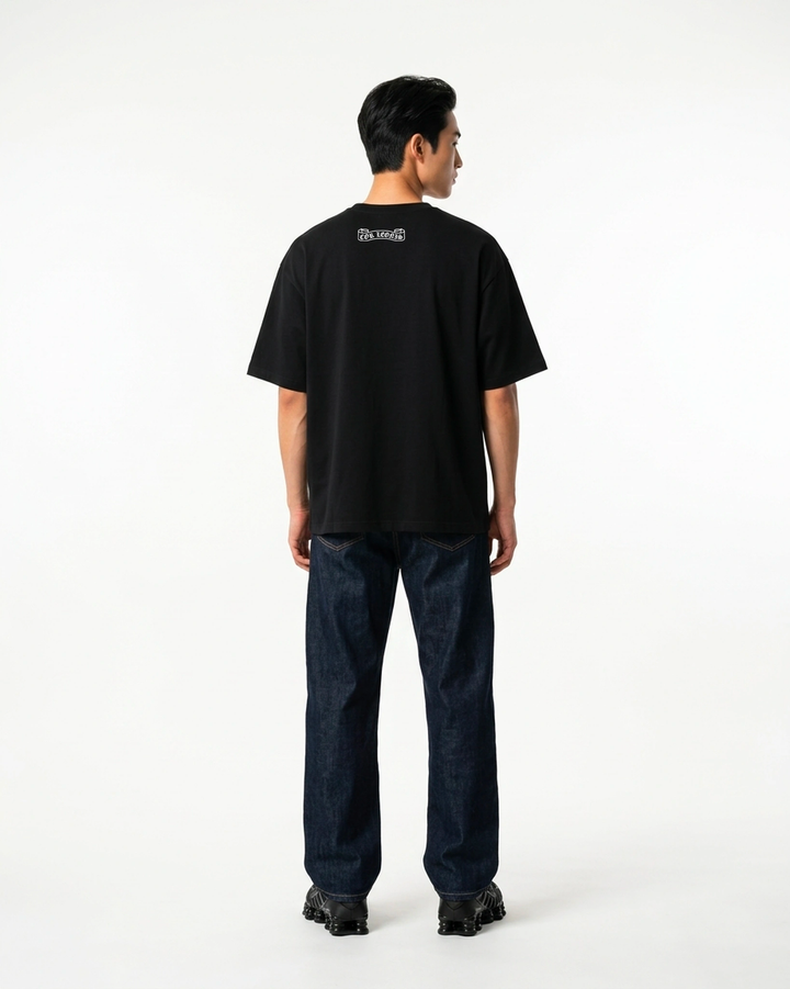 Crowned Cross Oversized Tee Black Back View — Cor Leonis Gothic Streetwear SS26