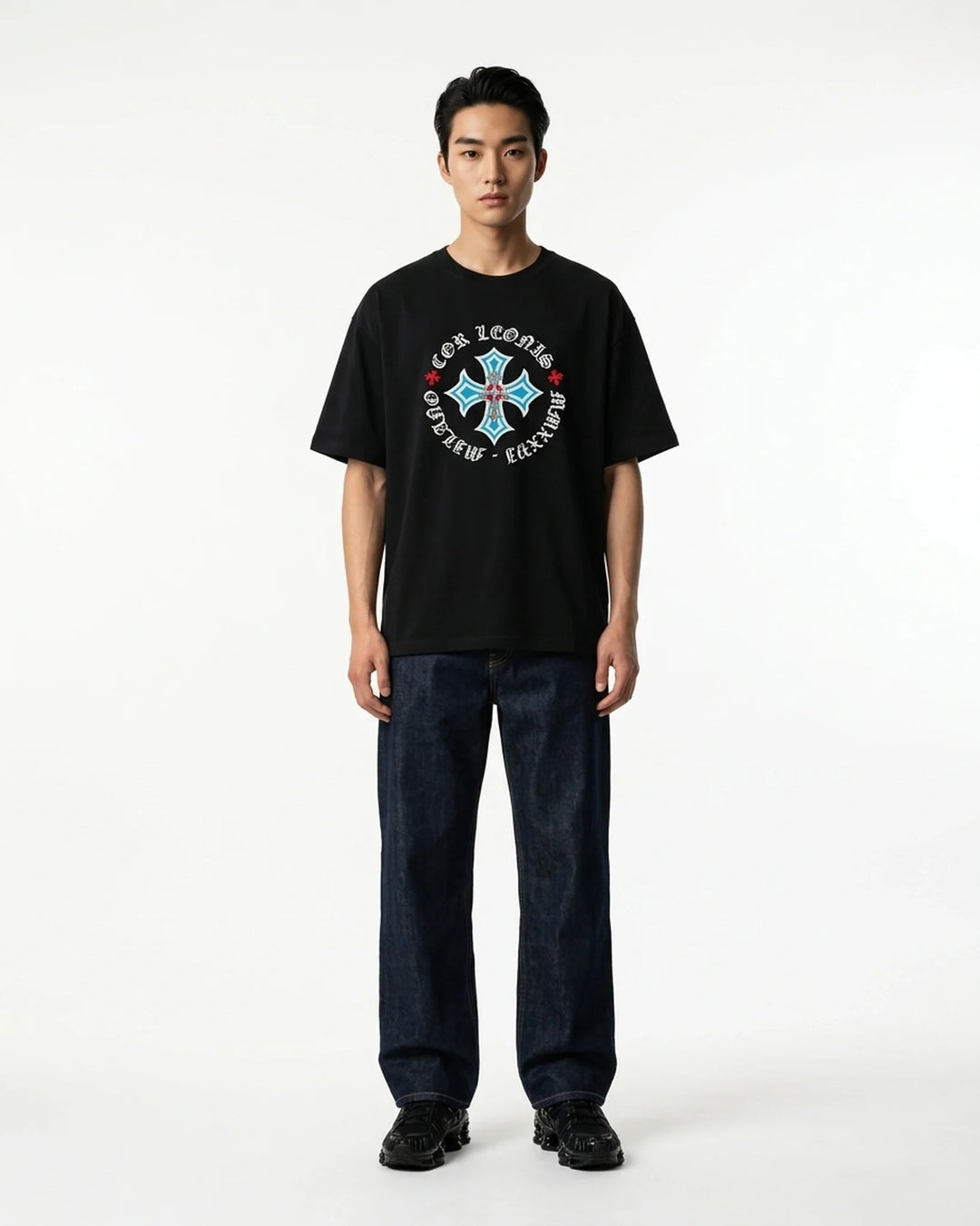 Crowned Cross Oversized Tee Black Front View — Cor Leonis Gothic Streetwear SS26