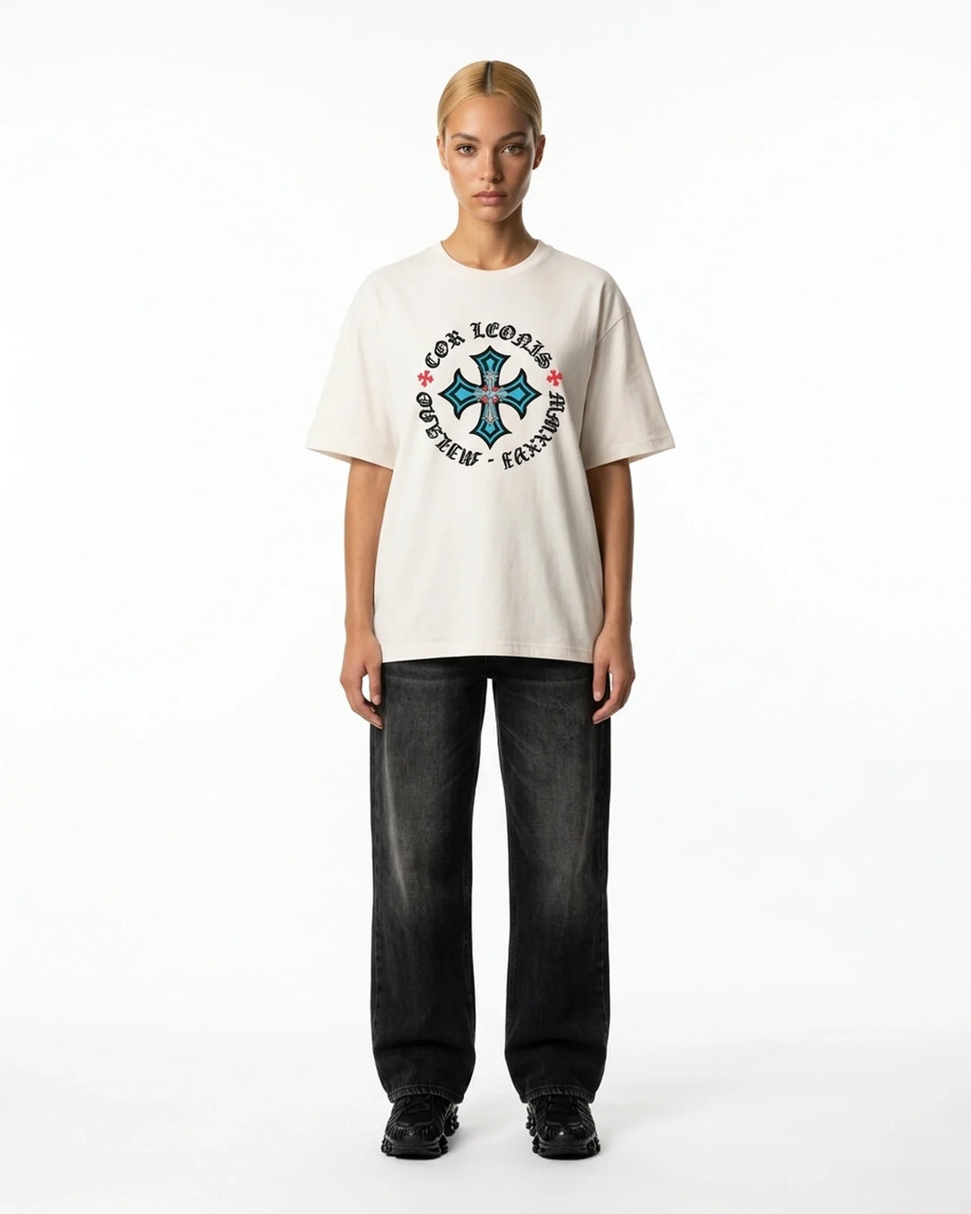 Crowned Cross Oversized Tee White Front View — Cor Leonis Gothic Streetwear SS26