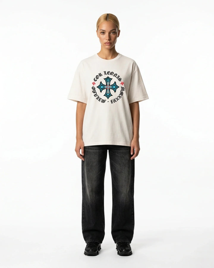 Crowned Cross Oversized Tee White Front View — Cor Leonis Gothic Streetwear SS26