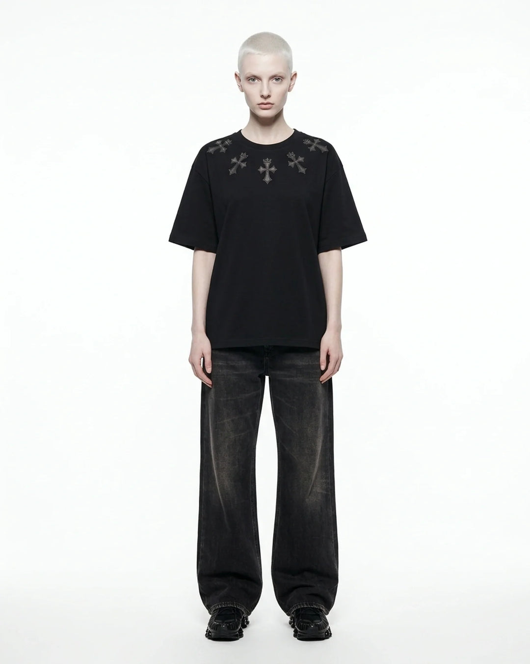 Scatter Cross Regular Fit Tee Black Front View — Cor Leonis Gothic Streetwear SS26
