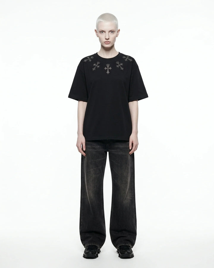 Scatter Cross Regular Fit Tee Black Front View — Cor Leonis Gothic Streetwear SS26