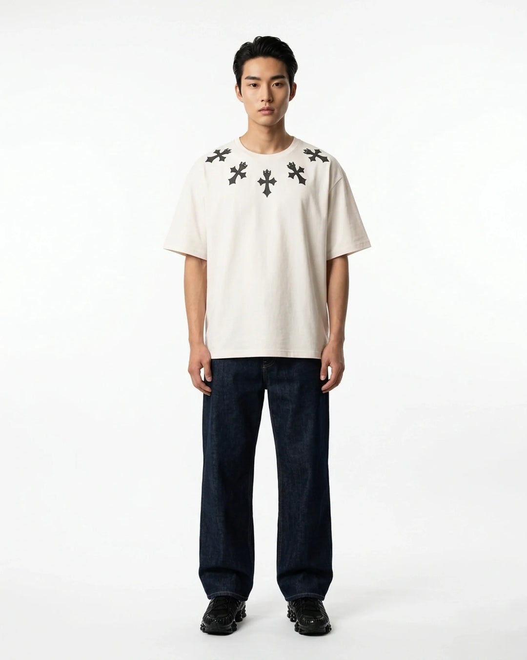 Scatter Cross Regular Fit Tee White Front View — Cor Leonis Gothic Streetwear SS26