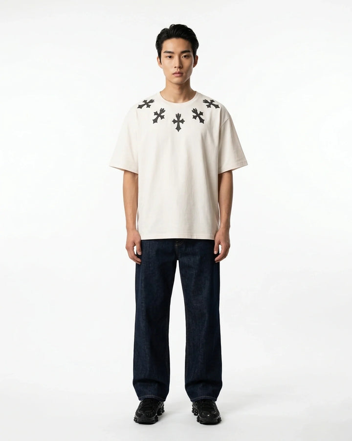 Scatter Cross Regular Fit Tee White Front View — Cor Leonis Gothic Streetwear SS26