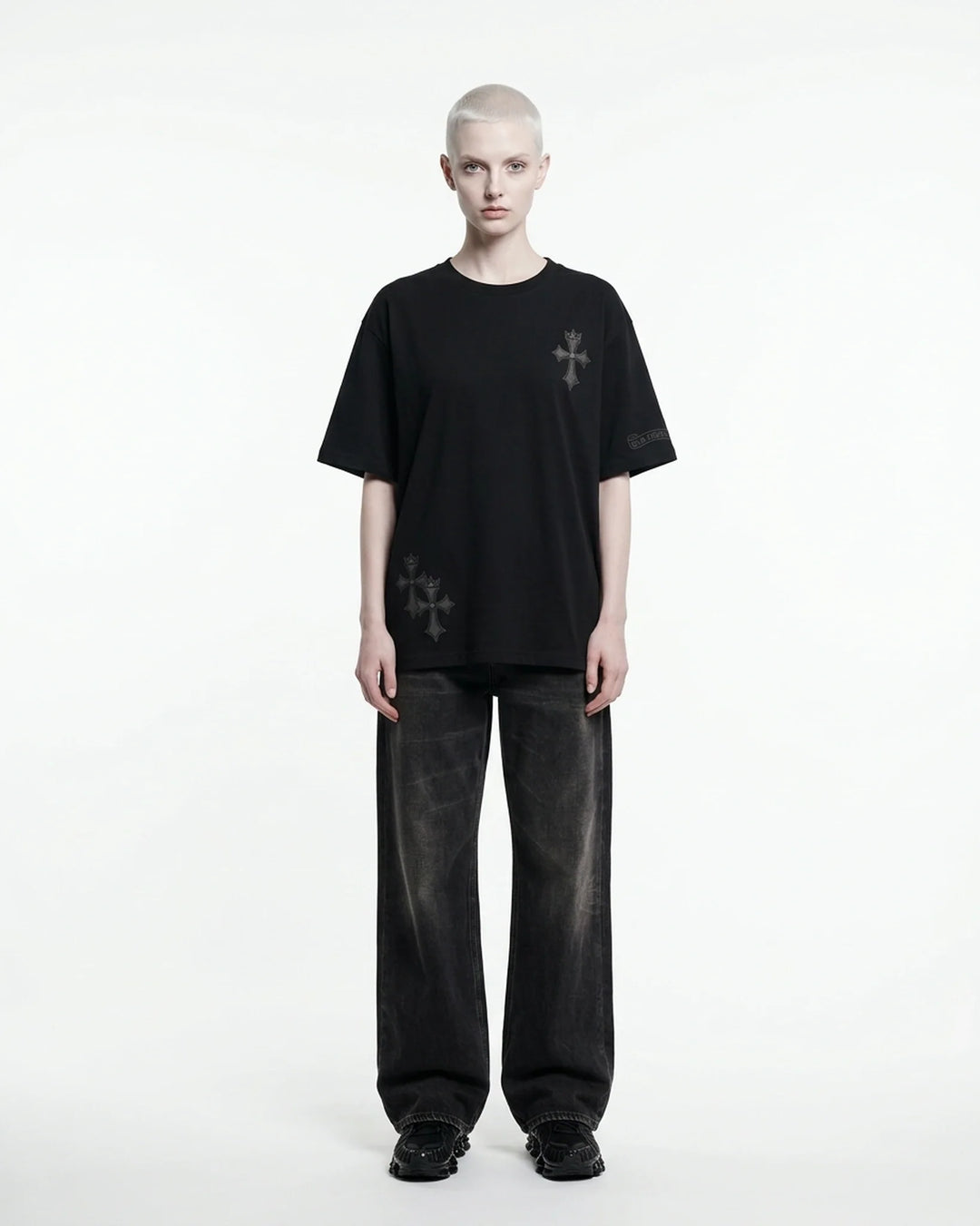 Double Cross Regular Fit Tee Black Front View — Cor Leonis Gothic Streetwear SS26